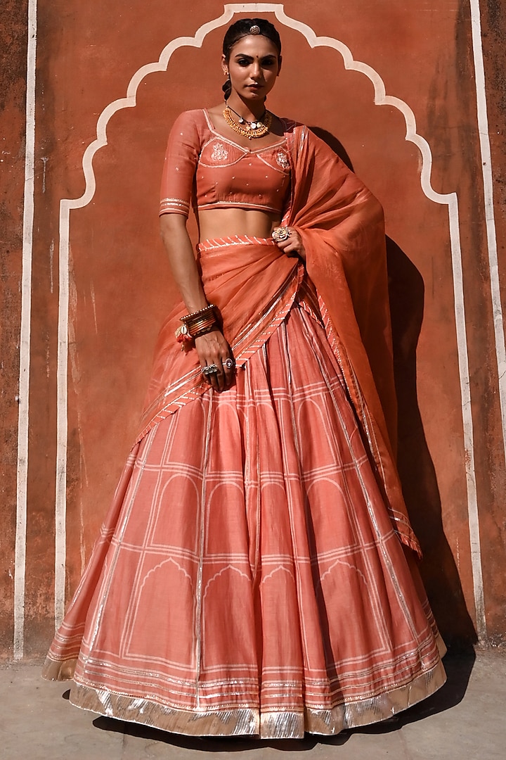 Orange Chanderi Gota Work & Printed Wedding Lehenga Set by Baise Gaba at Pernia's Pop Up Shop