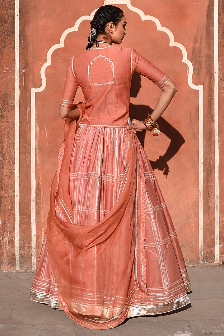 Orange Chanderi Gota Work & Printed Wedding Lehenga Set by Baise Gaba at Pernia's Pop Up Shop