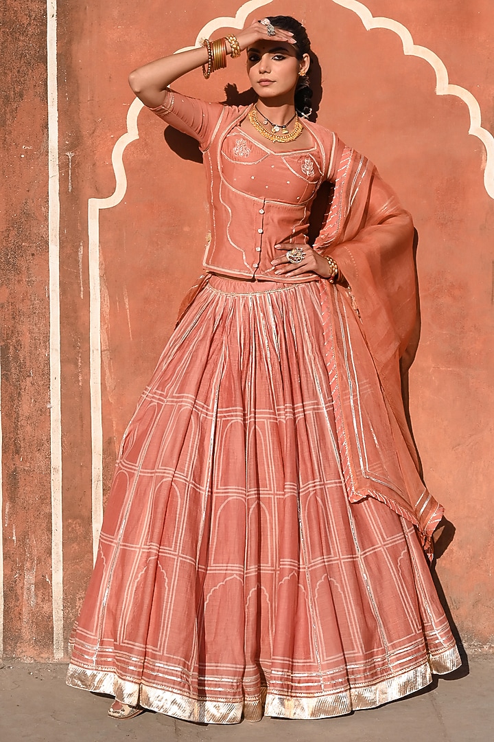 Orange Chanderi Gota Work & Printed Wedding Lehenga Set by Baise Gaba at Pernia's Pop Up Shop