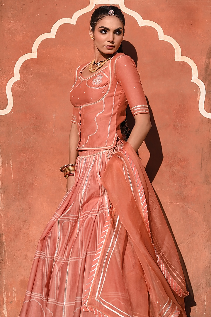 Orange Chanderi Gota Work & Printed Wedding Lehenga Set by Baise Gaba at Pernia's Pop Up Shop