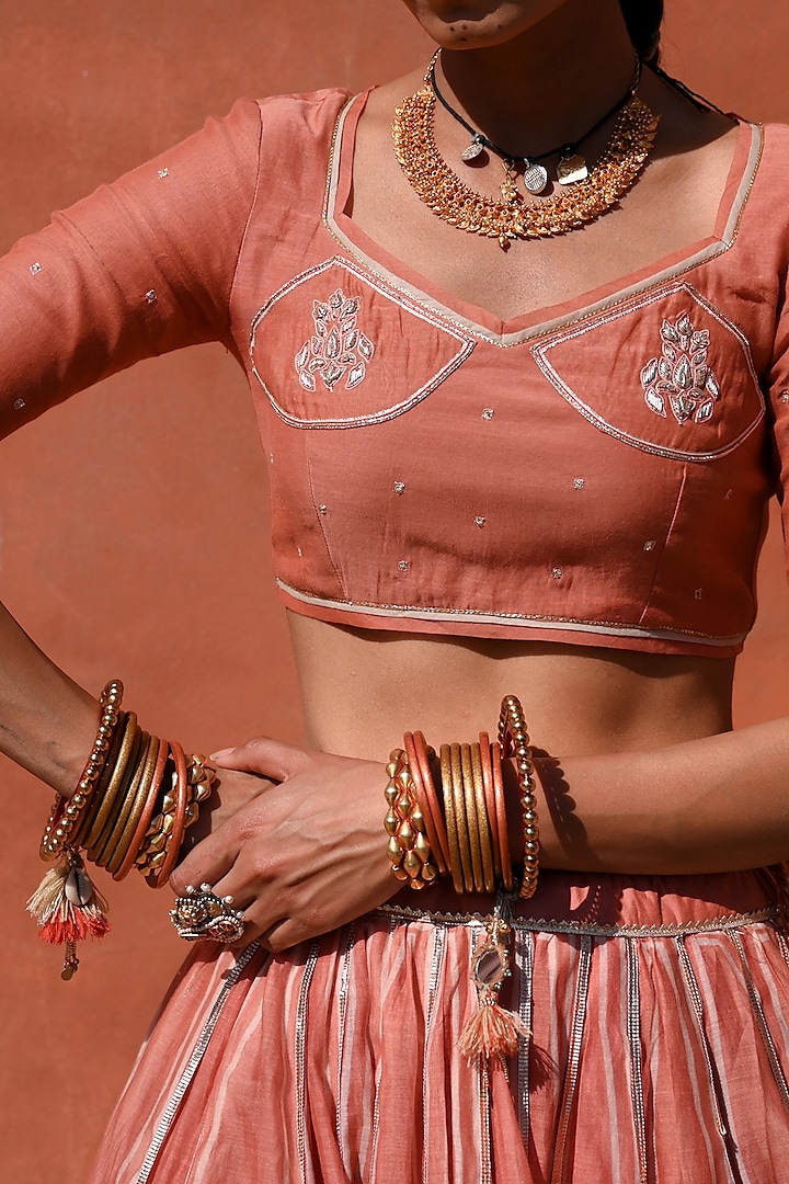 Orange Chanderi Gota Work & Printed Wedding Lehenga Set by Baise Gaba at Pernia's Pop Up Shop