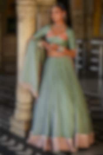 Green Chiffon Bandhej Printed Wedding Lehenga Set by Baise Gaba at Pernia's Pop Up Shop