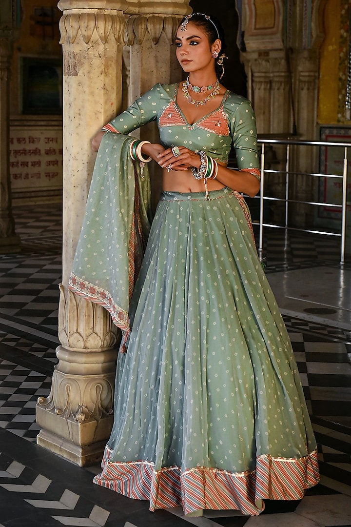 Green Chiffon Bandhej Printed Wedding Lehenga Set by Baise Gaba at Pernia's Pop Up Shop