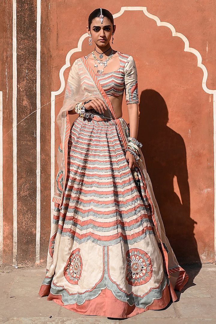 Multi-Colored Linen Satin Silk Zari Hand Embellished Wedding Lehenga Set by Baise Gaba at Pernia's Pop Up Shop