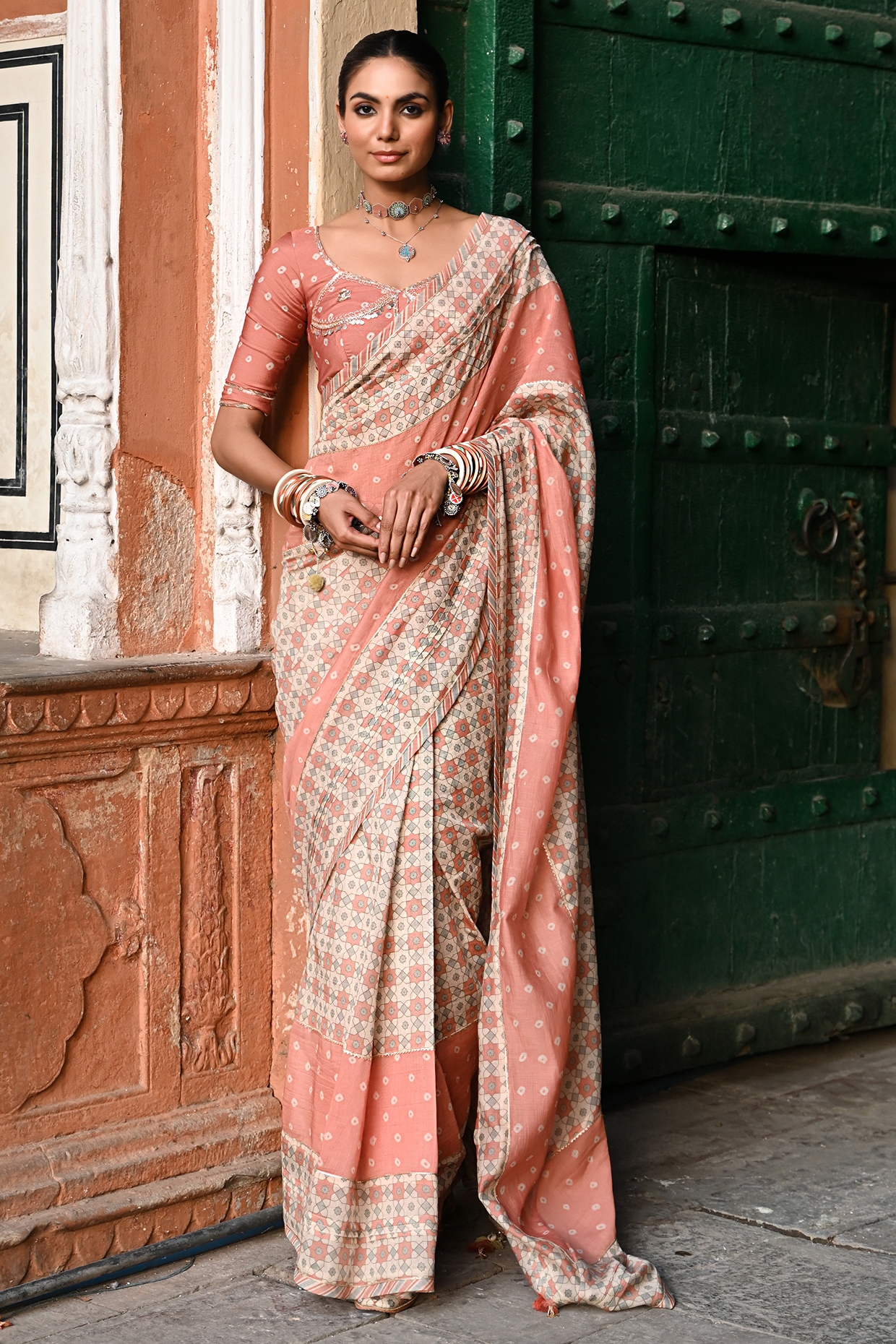 Multi-Colored Chanderi Striped & Bandhej Printed Festive Saree Set by Baise Gaba at Pernia's Pop Up Shop