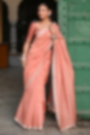 Orange Chanderi Mirror Embellished & Bandhej Printed Party Wear Saree Set by Baise Gaba at Pernia's Pop Up Shop