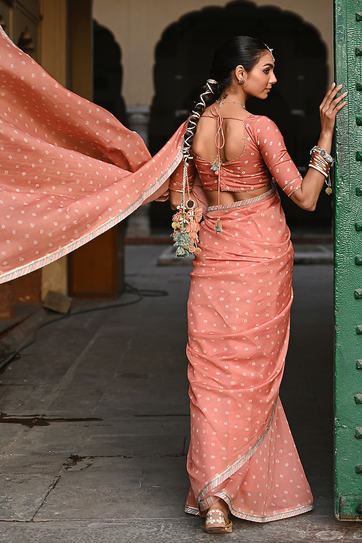 Orange Chanderi Mirror Embellished & Bandhej Printed Party Wear Saree Set by Baise Gaba at Pernia's Pop Up Shop