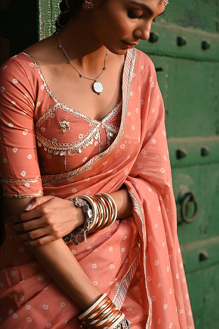 Orange Chanderi Mirror Embellished & Bandhej Printed Party Wear Saree Set by Baise Gaba at Pernia's Pop Up Shop