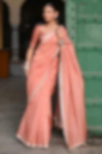 Orange Chanderi Mirror Embellished & Bandhej Printed Festive Saree Set by Baise Gaba at Pernia's Pop Up Shop