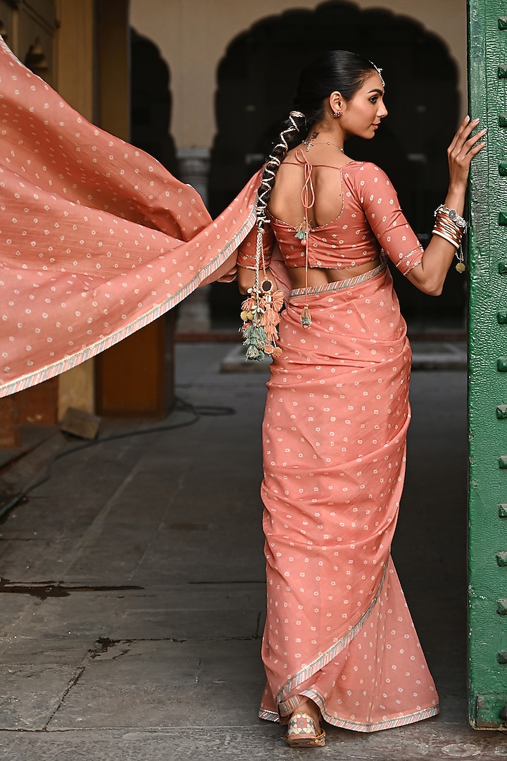 Orange Chanderi Mirror Embellished & Bandhej Printed Festive Saree Set by Baise Gaba at Pernia's Pop Up Shop