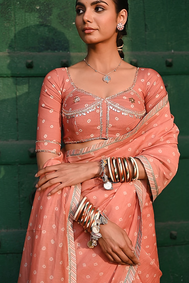 Orange Chanderi Mirror Embellished & Bandhej Printed Festive Saree Set by Baise Gaba at Pernia's Pop Up Shop