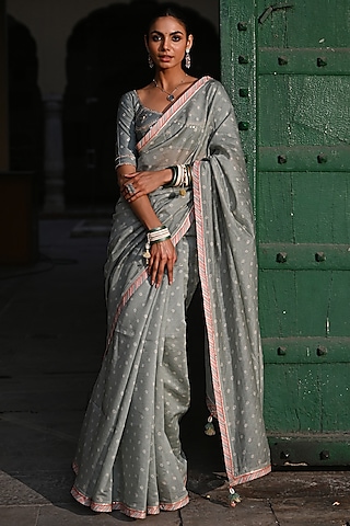 Green Chanderi Mirror Embellished & Bandhej Printed Saree Set by Baise Gaba