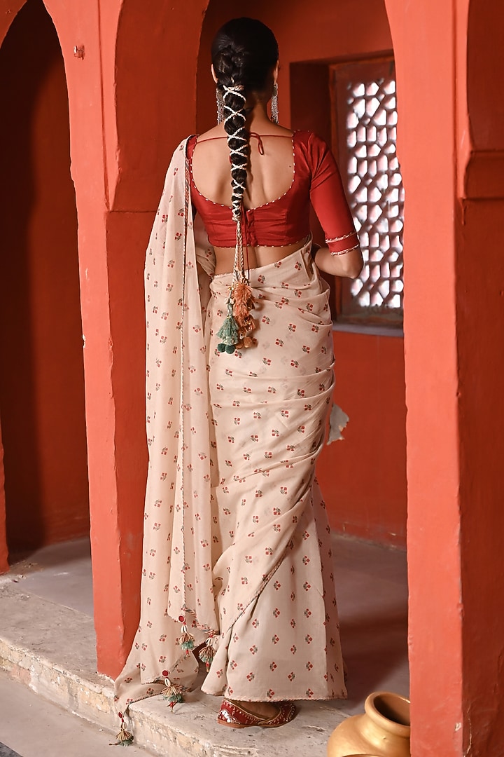 Beige Chanderi Gota Work & Floral Printed Party Wear Saree Set by Baise Gaba at Pernia's Pop Up Shop