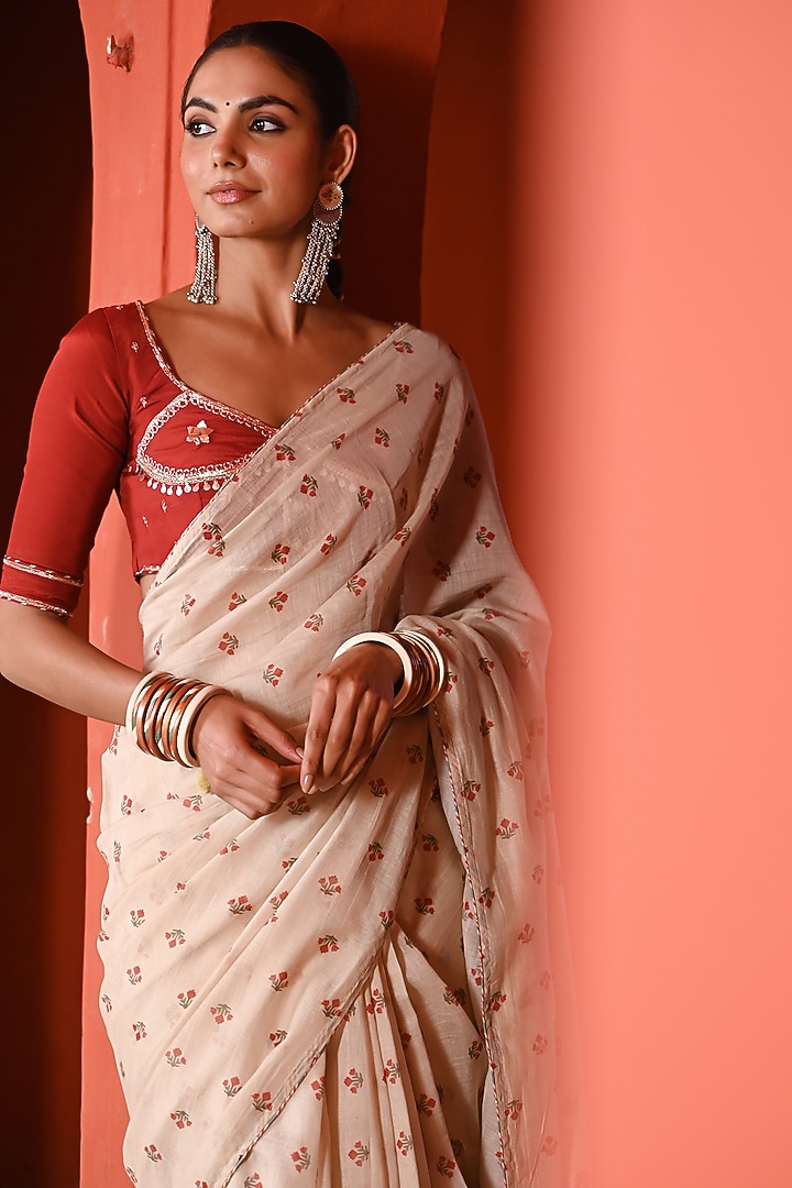Beige Chanderi Gota Work & Floral Printed Party Wear Saree Set by Baise Gaba at Pernia's Pop Up Shop