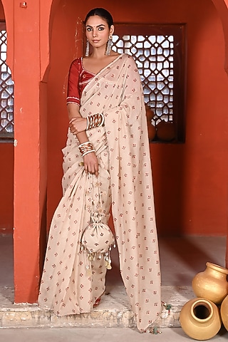 Beige Chanderi Gota Work & Floral Printed Saree Set by Baise Gaba