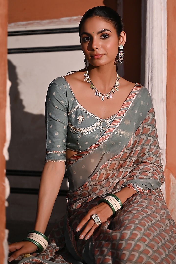 Multi-Colored Chiffon Bandhej Printed Party Wear Saree Set by Baise Gaba at Pernia's Pop Up Shop