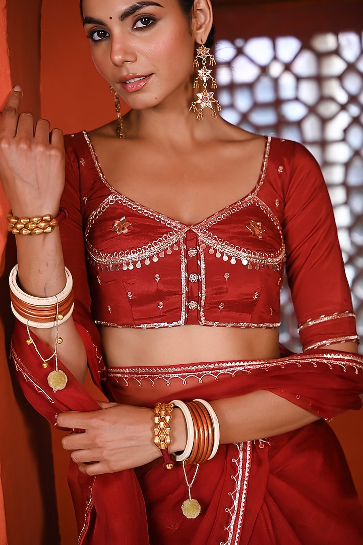 Dark Red Organza Zari Hand Embellished Party Wear Saree Set by Baise Gaba at Pernia's Pop Up Shop