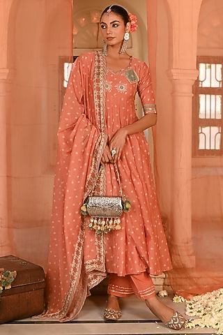 Orange Chanderi Bandhej Printed & Hand Embroidered Anarkali Set by Baise Gaba