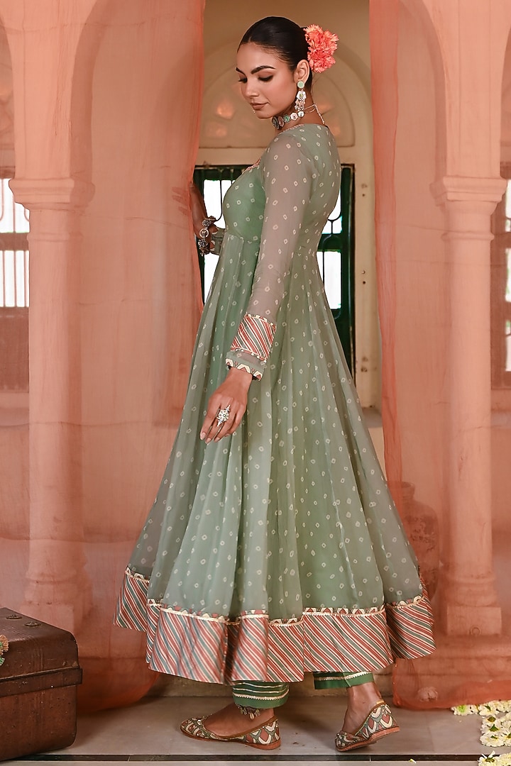 Green Chiffon Bandhej Printed & Beadwork Party Wear Anarkali Set by Baise Gaba at Pernia's Pop Up Shop