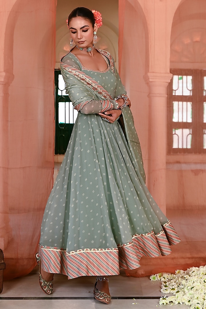 Green Chiffon Bandhej Printed & Beadwork Party Wear Anarkali Set by Baise Gaba at Pernia's Pop Up Shop