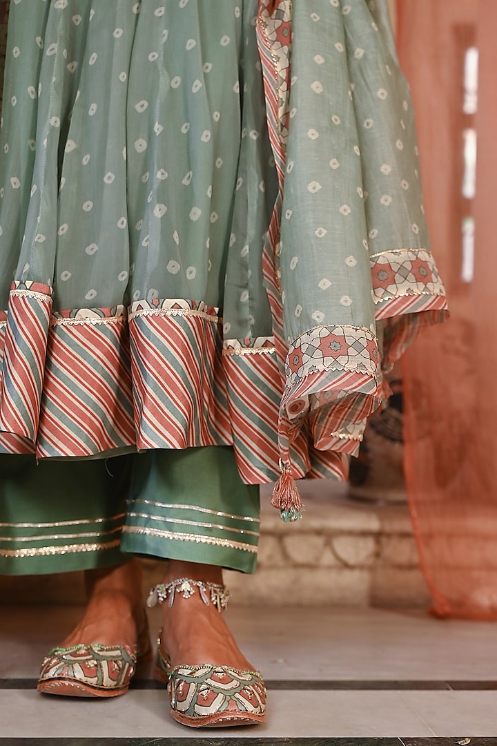Green Chiffon Bandhej Printed & Beadwork Party Wear Anarkali Set by Baise Gaba at Pernia's Pop Up Shop