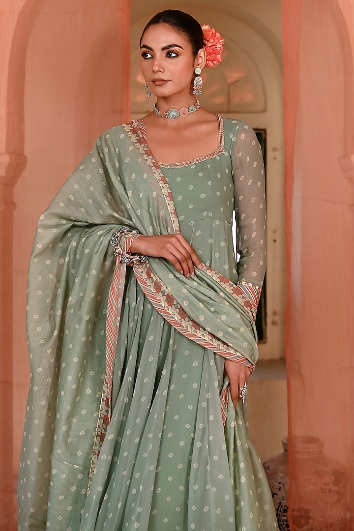 Green Chiffon Bandhej Printed & Beadwork Party Wear Anarkali Set by Baise Gaba at Pernia's Pop Up Shop