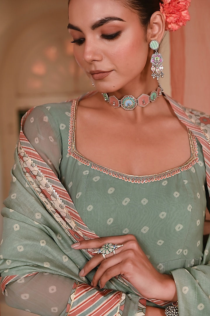 Green Chiffon Bandhej Printed & Beadwork Party Wear Anarkali Set by Baise Gaba at Pernia's Pop Up Shop