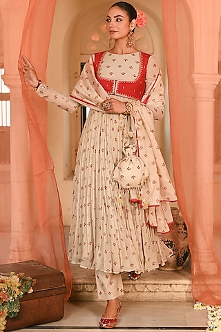 Beige & Red Chiffon Floral Anarkali Set by Baise Gaba