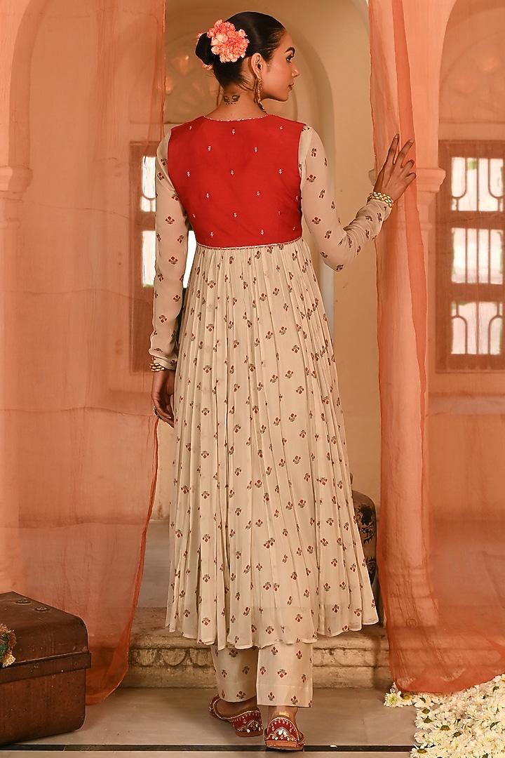 Beige & Red Chiffon Floral Party Wear Anarkali Set by Baise Gaba at Pernia's Pop Up Shop