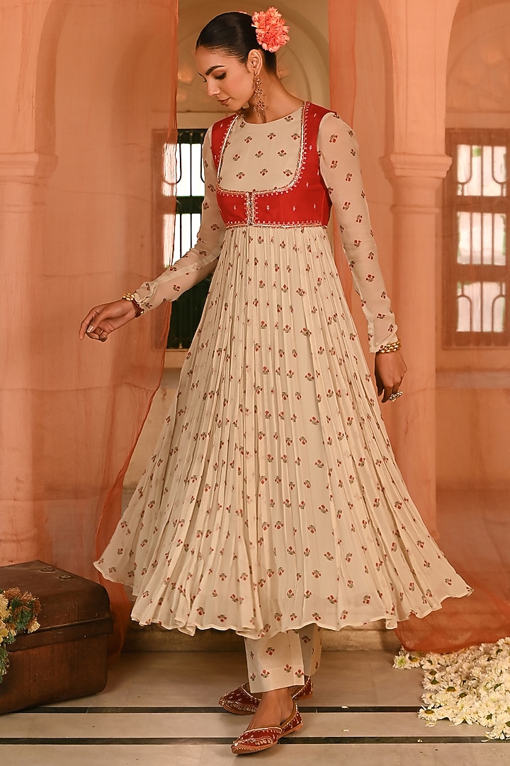 Beige & Red Chiffon Floral Party Wear Anarkali Set by Baise Gaba at Pernia's Pop Up Shop