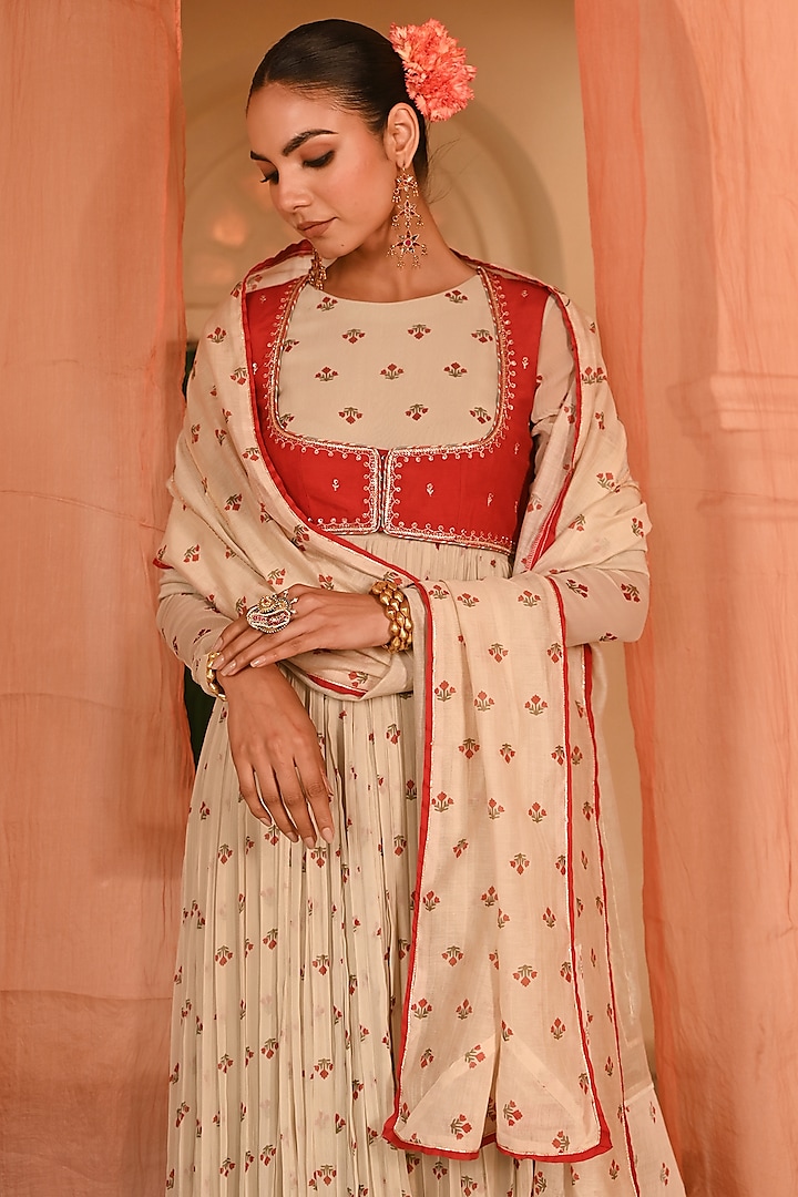 Beige & Red Chiffon Floral Party Wear Anarkali Set by Baise Gaba at Pernia's Pop Up Shop