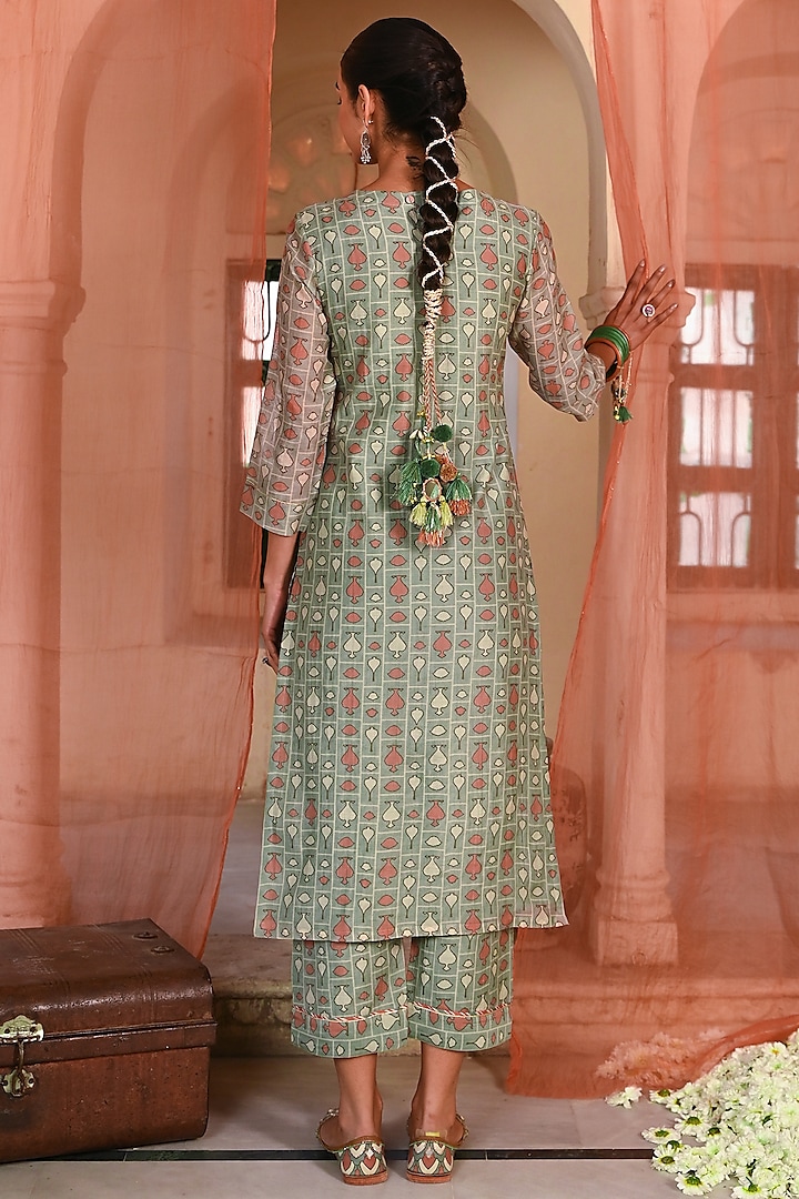 Green Chanderi Mughal Printed Kurta Set by Baise Gaba at Pernia's Pop Up Shop