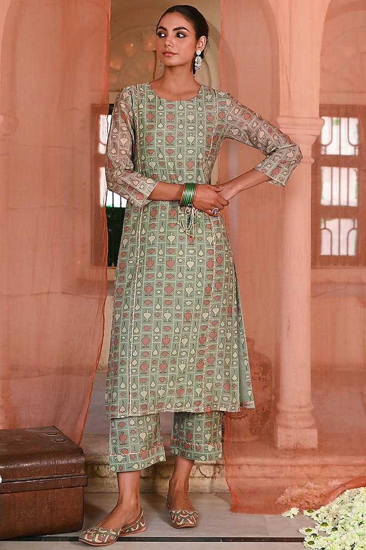 Green Chanderi Mughal Printed Kurta Set by Baise Gaba at Pernia's Pop Up Shop