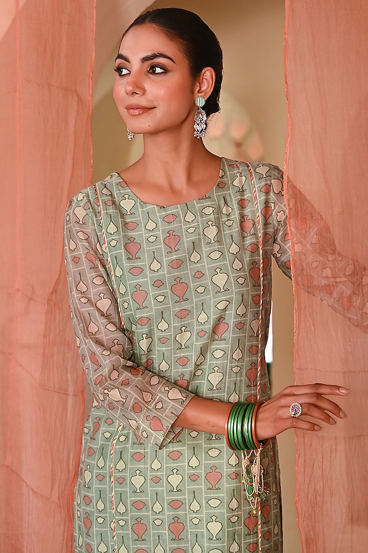 Green Chanderi Mughal Printed Kurta Set by Baise Gaba at Pernia's Pop Up Shop