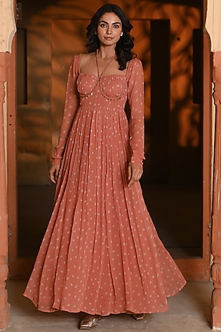 Orange Chiffon Embellished Flared Dress by Baise Gaba