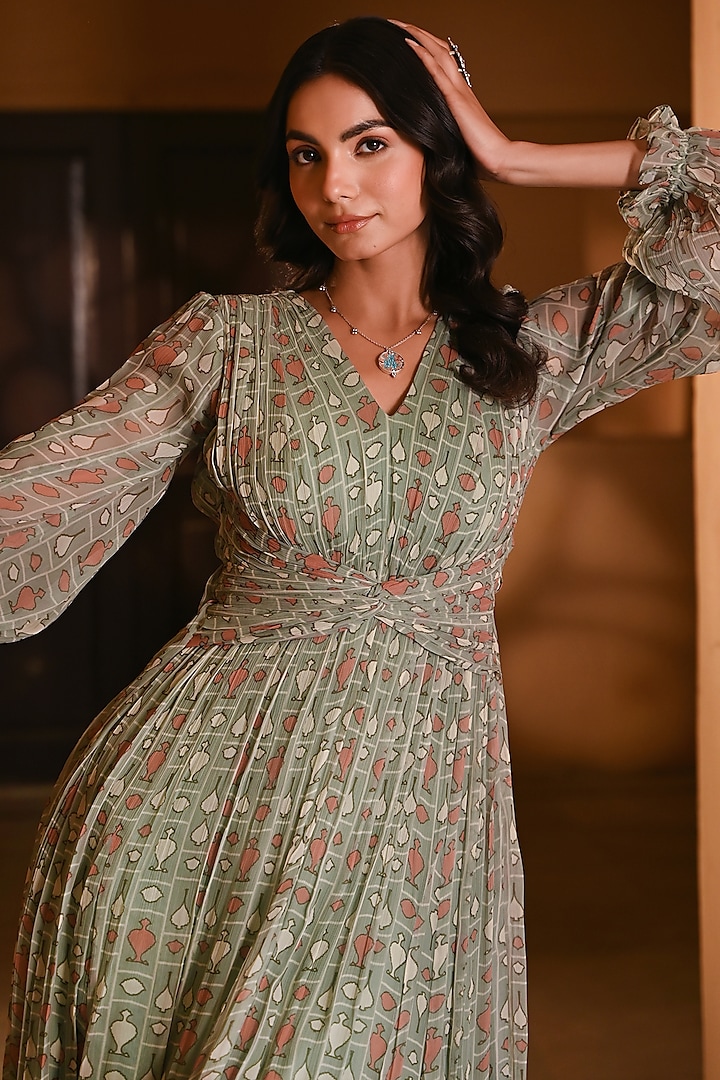Green Chiffon Printed Summer Dress by Baise Gaba at Pernia's Pop Up Shop