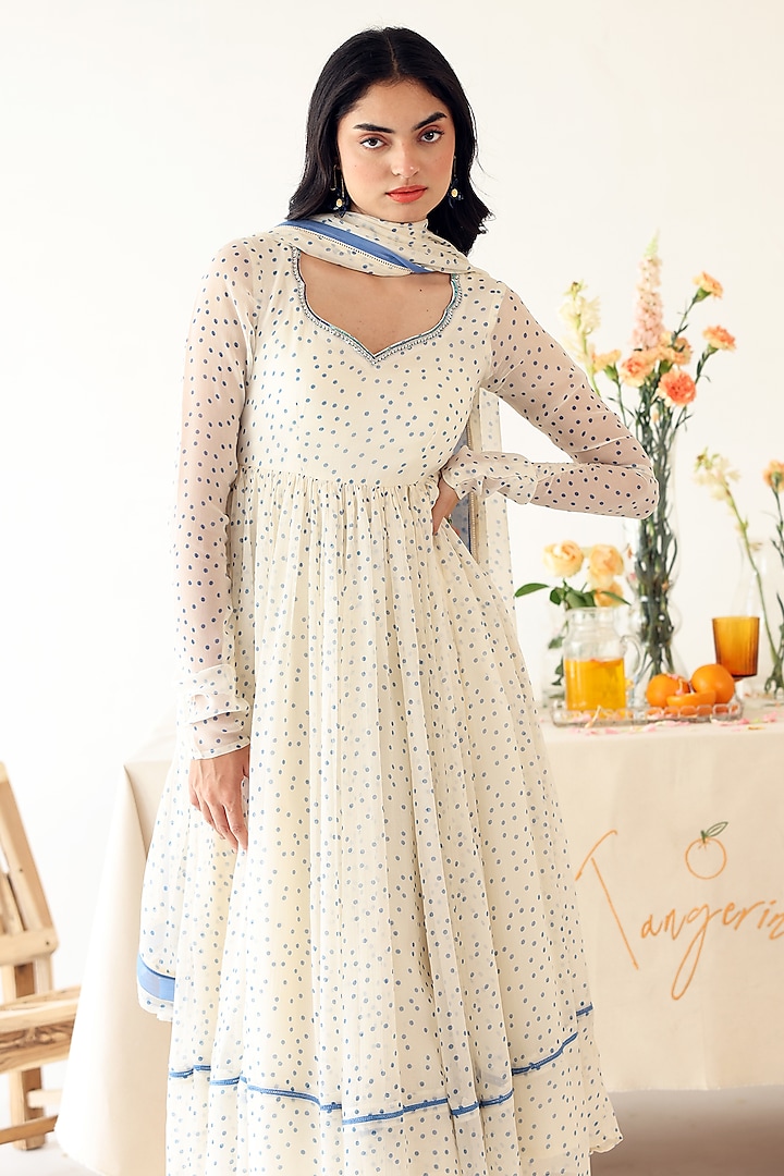 Off-White Chiffon Polka Dot Printed Anarkali Set by Baise Gaba at Pernia's Pop Up Shop