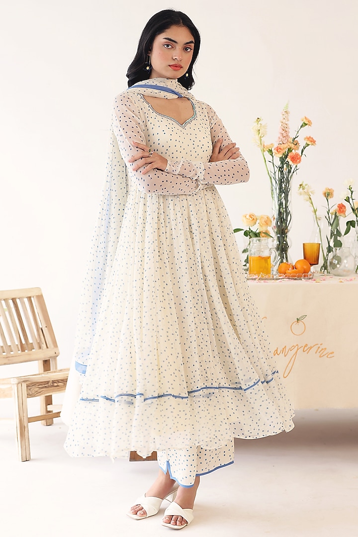 Off-White Chiffon Polka Dot Printed Anarkali Set by Baise Gaba at Pernia's Pop Up Shop