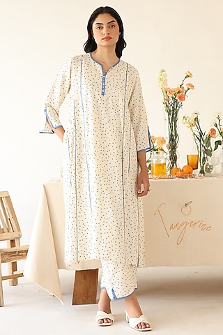 Off-White Chiffon Polka Dot Printed A-Line Kurta Set by Baise Gaba