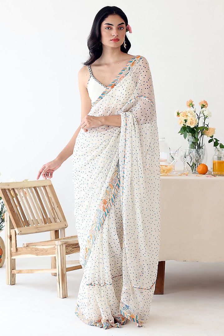 Off-White Chiffon Polka Dot Printed Saree Set by Baise Gaba at Pernia's Pop Up Shop