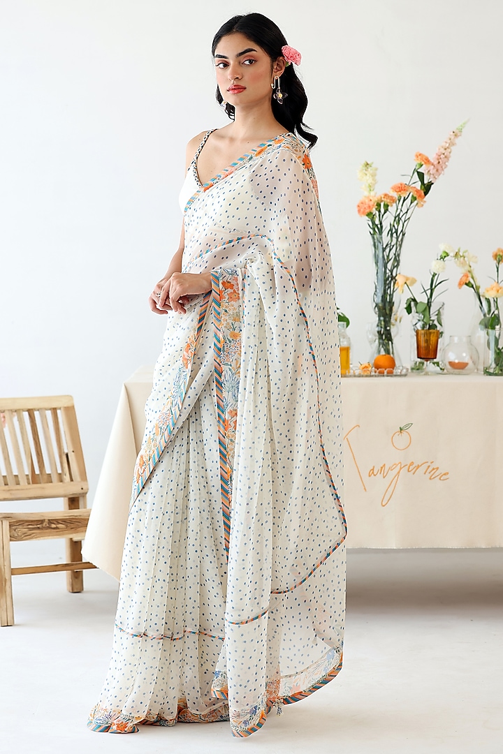 Off-White Chiffon Polka Dot Printed Festive Saree Set by Baise Gaba at Pernia's Pop Up Shop