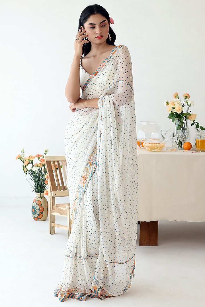 Off-White Chiffon Polka Dot Printed Saree by Baise Gaba at Pernia's Pop Up Shop