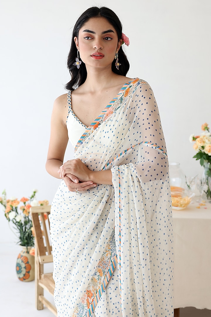 Off-White Chiffon Polka Dot Printed Festive Saree by Baise Gaba at Pernia's Pop Up Shop
