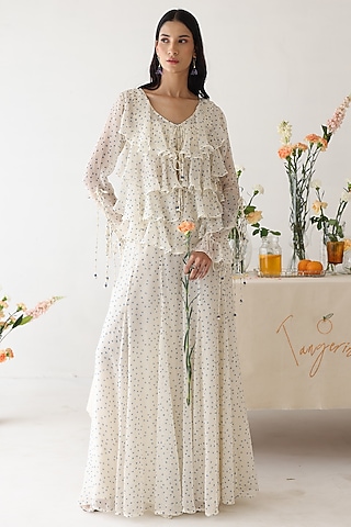 Off-White Chiffon Polka Dot Printed Pant Set by Baise Gaba