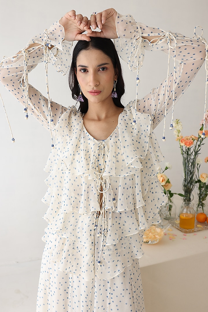 Off-White Chiffon Polka Dot Printed Pant Set by Baise Gaba at Pernia's Pop Up Shop