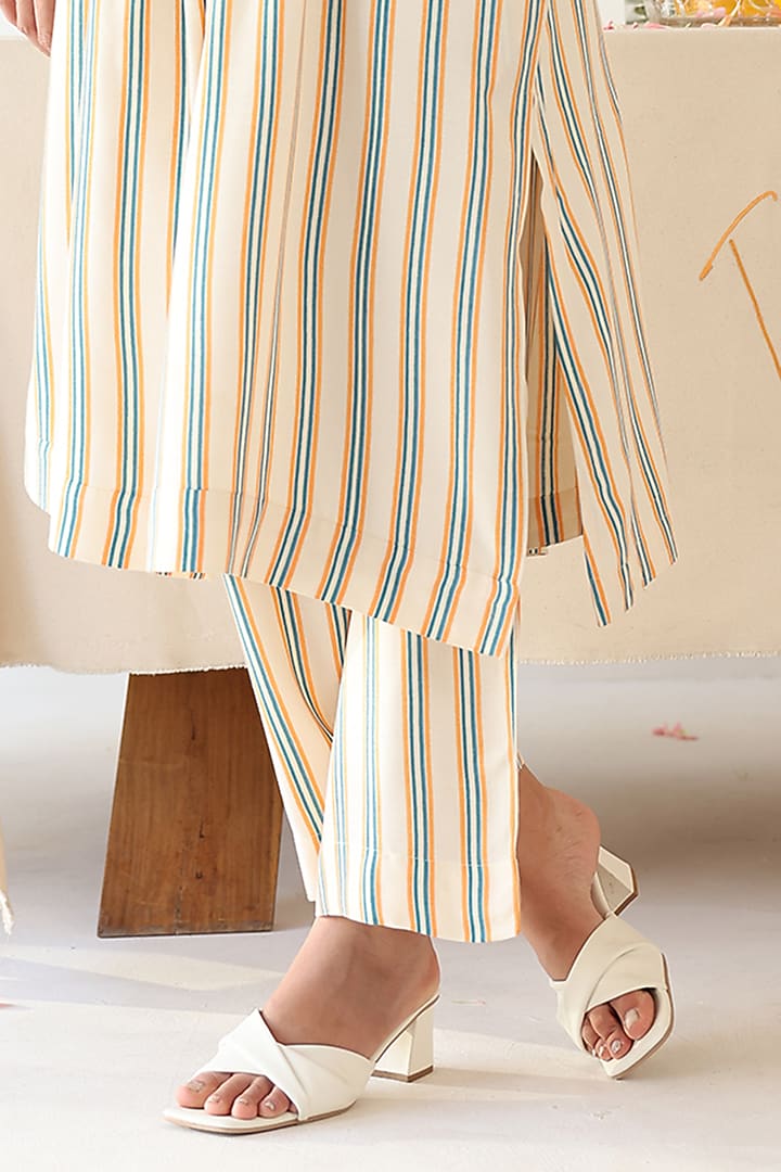 Off-White Rayon Moss Stripe Printed & Embroidered Kurta Set by Baise Gaba at Pernia's Pop Up Shop