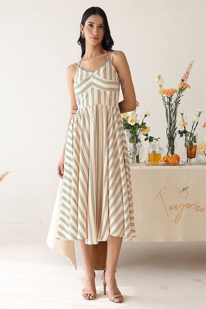 Off-White Rayon Moss Stripe Printed Midi Dress by Baise Gaba