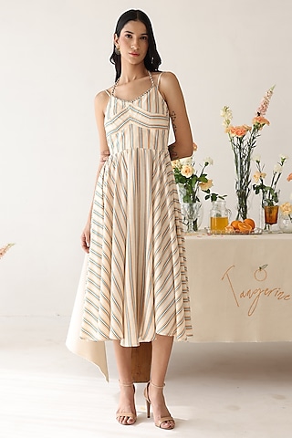 Off-White Rayon Moss Stripe Printed Midi Dress by Baise Gaba