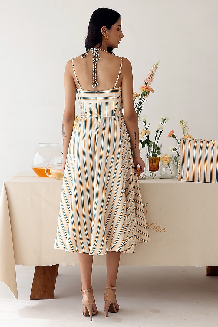 Off-White Rayon Moss Stripe Printed Midi Summer Dress by Baise Gaba at Pernia's Pop Up Shop
