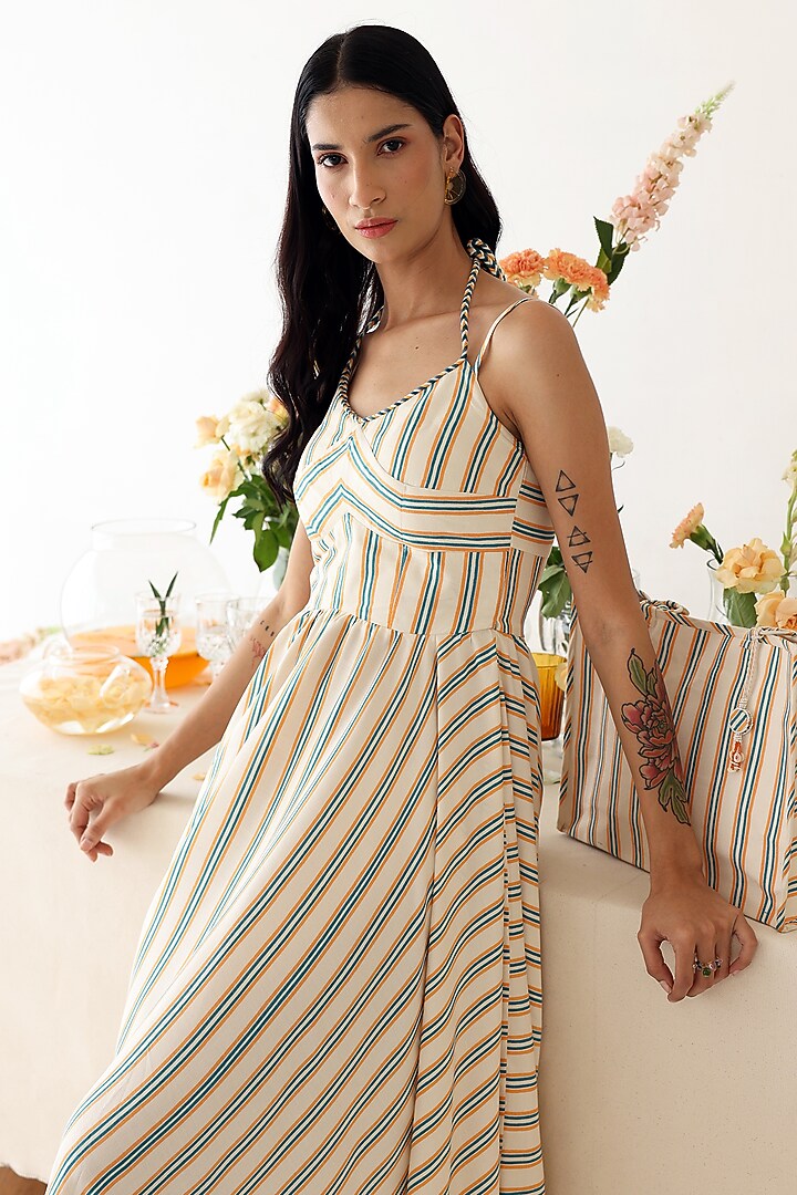 Off-White Rayon Moss Stripe Printed Midi Summer Dress by Baise Gaba at Pernia's Pop Up Shop